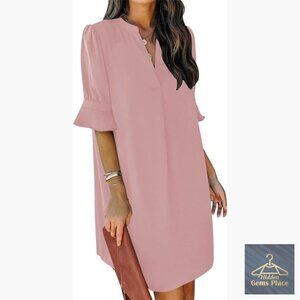Knee Length Shift Dress V-Neck Ruffle Sleeve Slim Fit Polyester